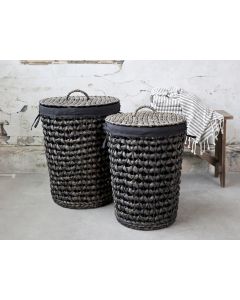 Basket braided w. lid & linen set of 2