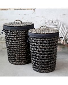 Basket braided w. lid & linen set of 2