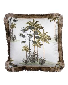 cushion velvet golden fringes palm tree white 45x45cm