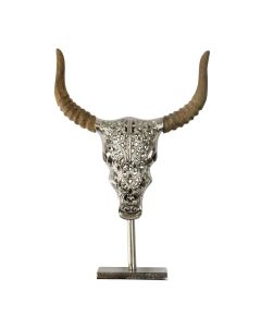 Skull bull engraved wood on stand 32cm