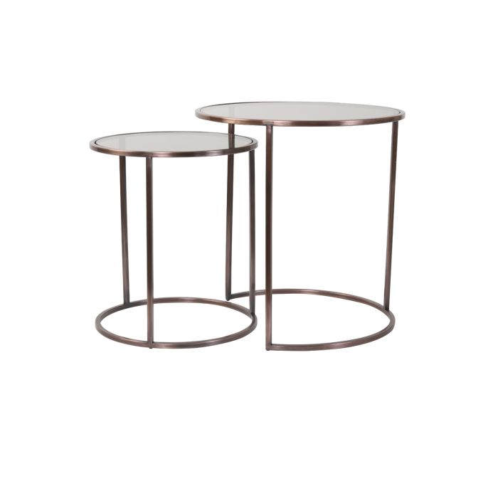 Side table S/2 Ø40x45+Ø50x52 cm DUARTE glas brown+ant copper