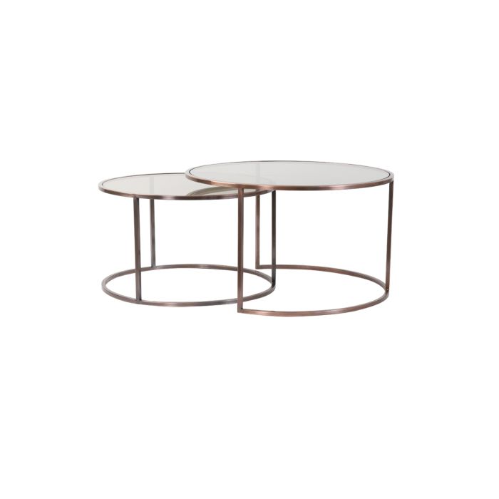 Coffee table S/2 Ø65x39+Ø75x44 cm DUARTE gls brwn+ant copper