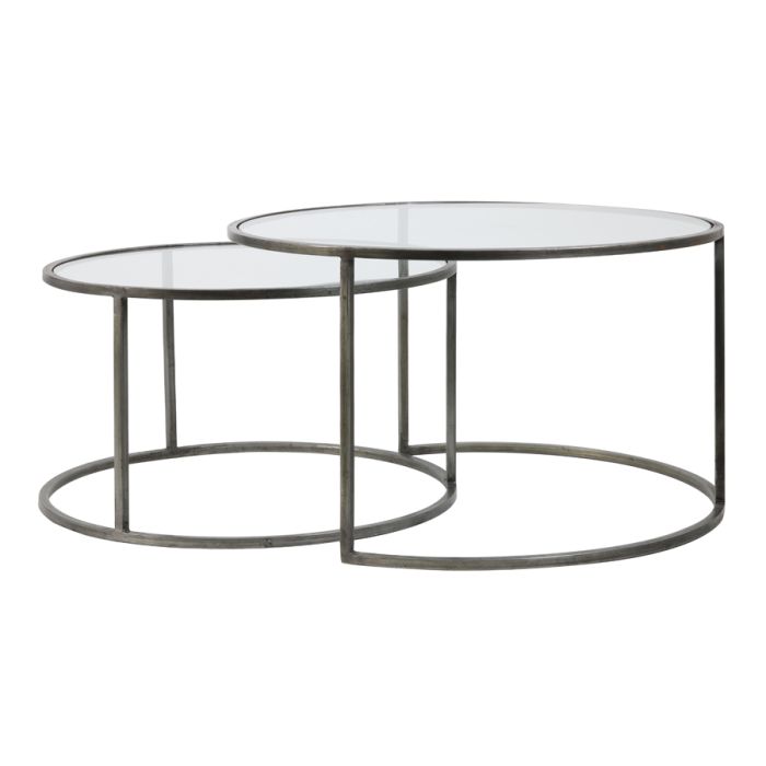 Coffee table S/2 Ø65x39+Ø75x44 cm DUARTE glass-vintage tin