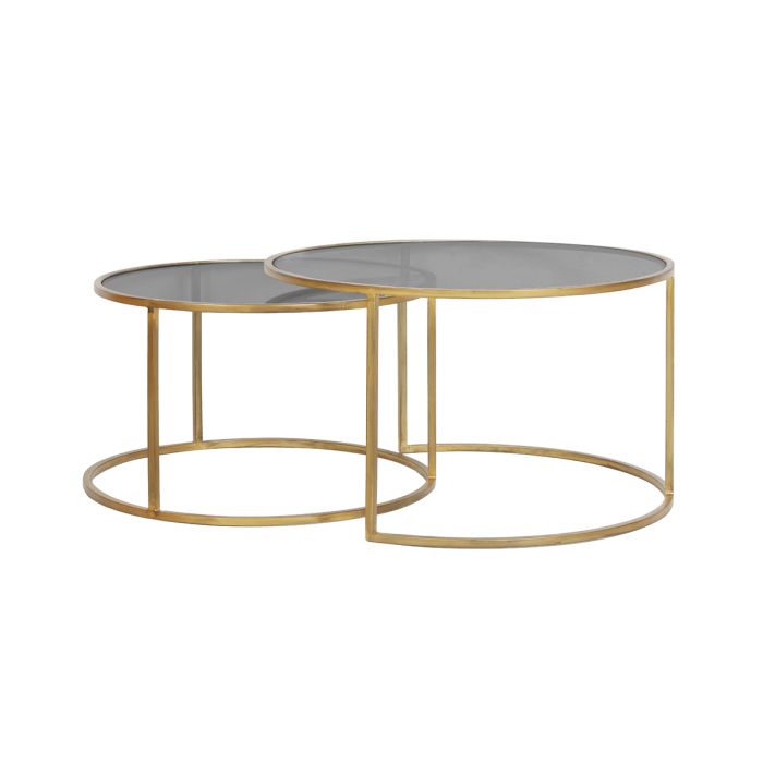 Coffee table S/2 Ø65x39+Ø75x44 cm DUARTE smoked glass-gold