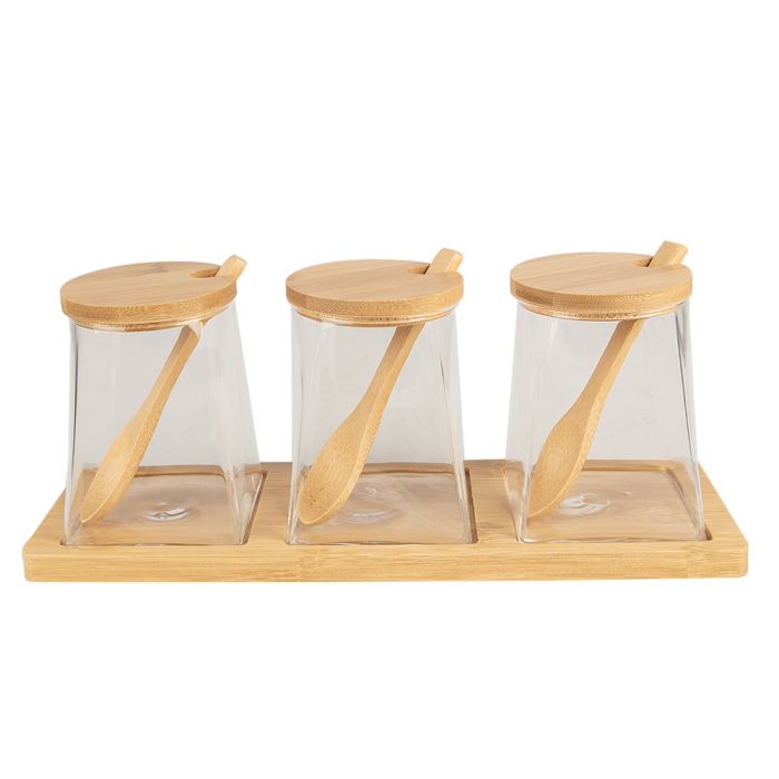 Storage jar on wooden tray (3) 7x7x10 cm - set (3)