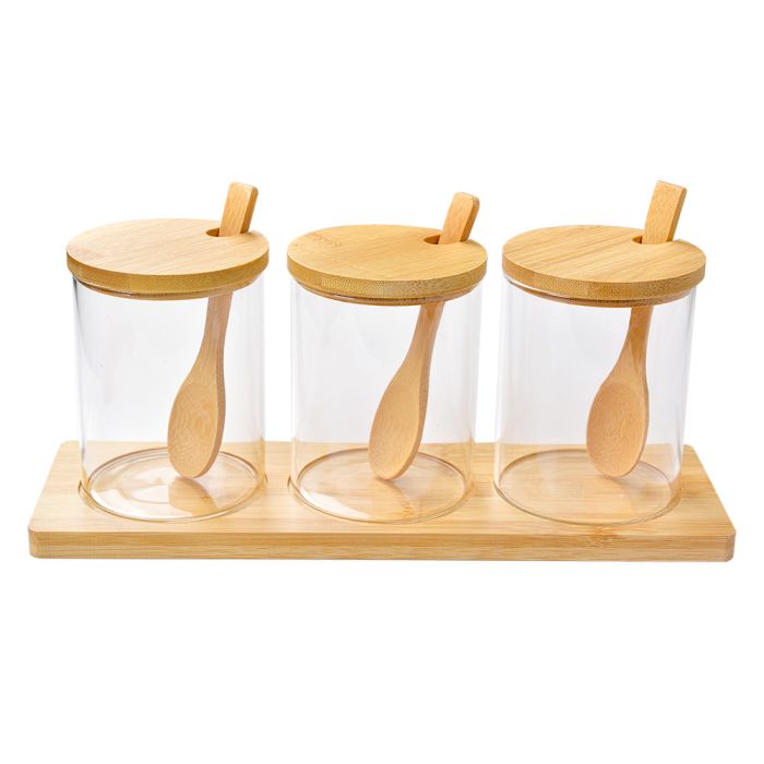 Storage jar on wooden tray (3) ? 8x10 cm - set (3) 