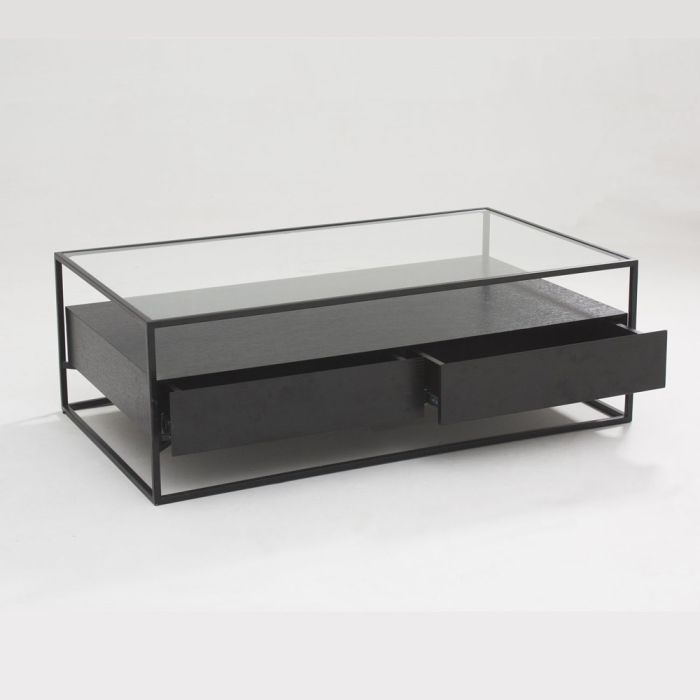 Coffee table metal wood veneer glass 120 x 70 cm Baily - Black