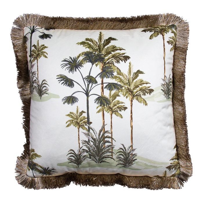 Cushion velvet golden fringes palm tree white 45x45cm