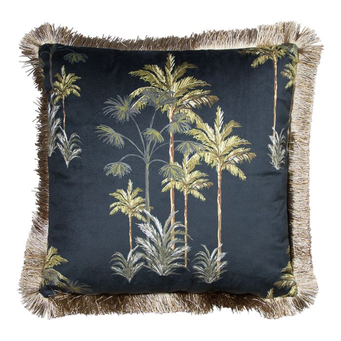 cushion velvet golden fringes palm tree black 45x45cm