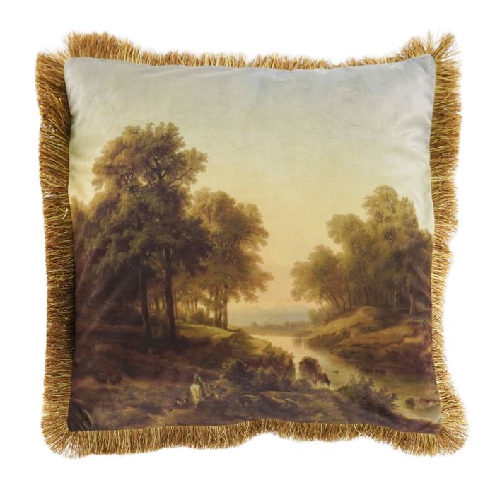 cushion velvet landscape deciduous tree gold frills 45x45cm