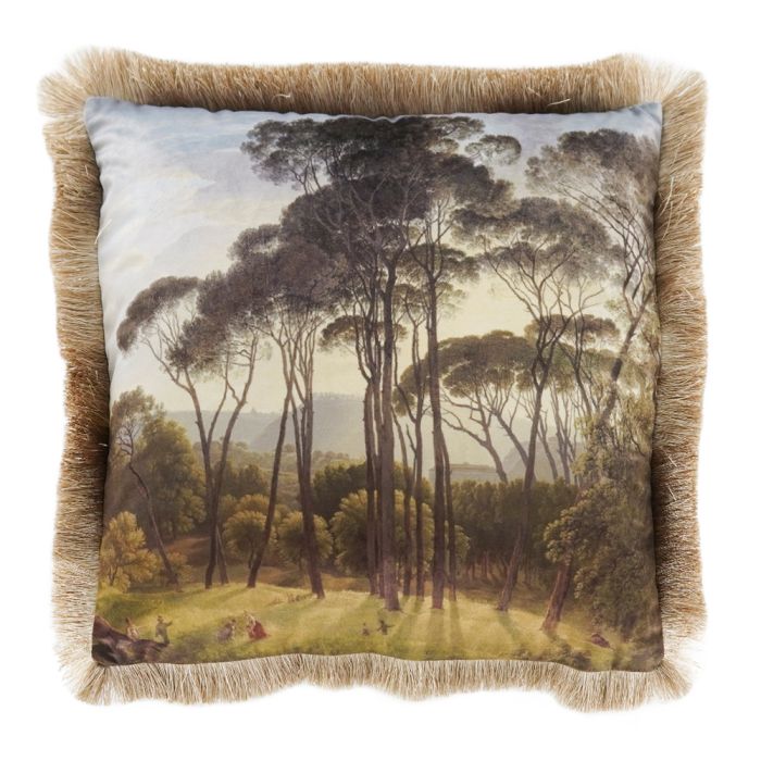 cushion velvet landscape umbrella pine gold frills 45x45cm