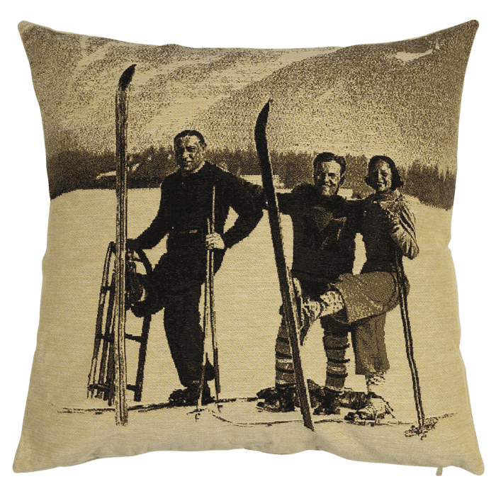 gobelin cushion sepia ski 3 skiers 45x45cm